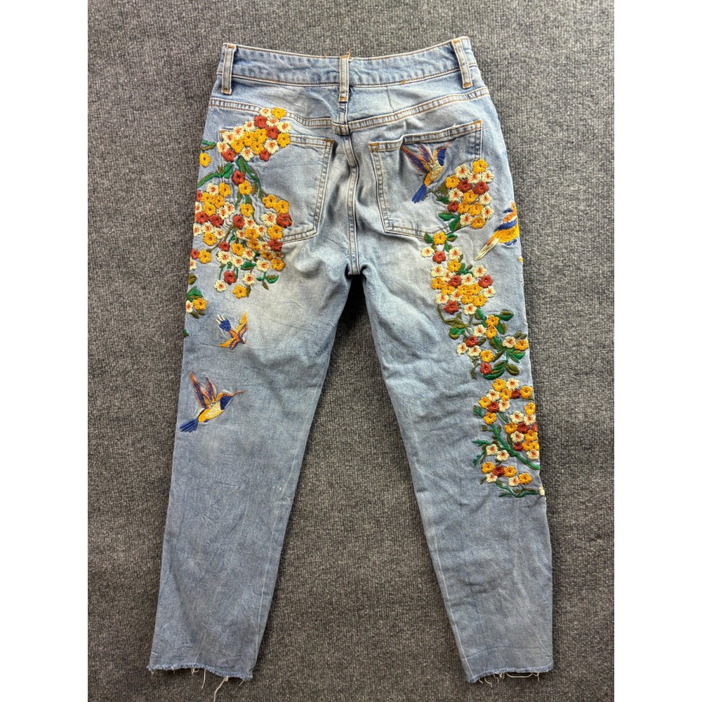 Free People Jeans Womens 27 Blue Floral Bird Embroidered Straight Leg Raw Hem - Picture 8 of 10